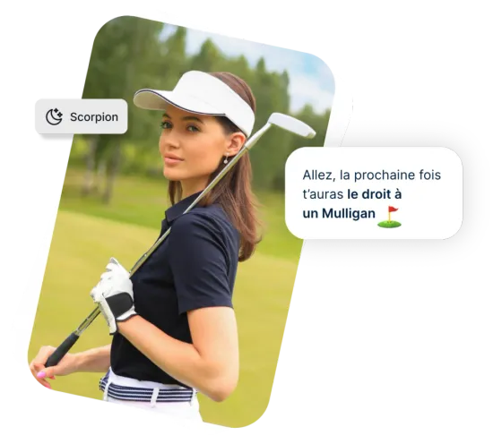 Golfeuse club sur l’épaule, avec un message reçu dans l’app